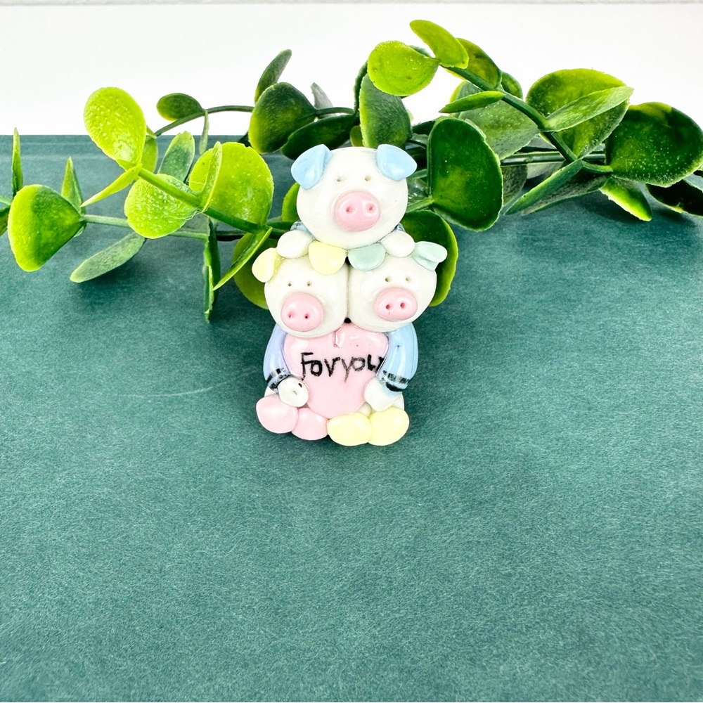 Vintage Mini Pig Figurine Three Friends holding a heart